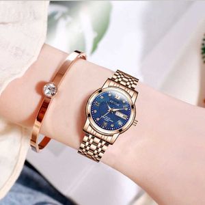 Ins counter womens watch full automatic luminous waterproof double calendar inlaid with diamond Korean student watch non mechanical