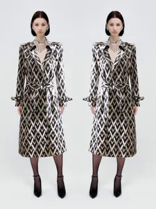 V008 여성 트렌치 코트 델로카 고품질 가을 여성 패션 디자이너 트렌치 코트 스트라이프 인쇄 긴 슬리브 벨트 빈티지 인쇄 코트 오버코트