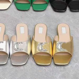 Flat Fashionable Diamond Letter Heel Buckle Open Toe Square Head Womens Sandal Slippers~elegant and Elegant Style Shoes 6BC3