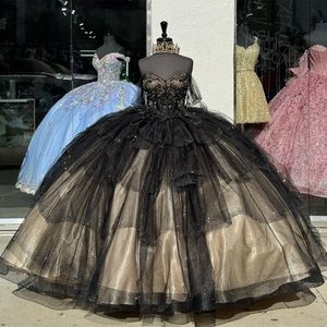 Siyah parlak prenses omuz kapalı quinceanera elbise şampanya astar boncuk korse tatlı 16 elbise vestidos 15 de xv anos