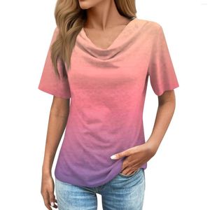 Women's T Shirts 2024 Retro Gradient Print T-shirt Summer Short Sleeve Pile Collar Top Casual Versatile Streetwear Blusa