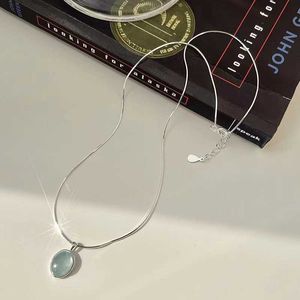 Sea Blue Treasure Egg shaped Crystal Necklace INS Small and Simple Oval Droplet Pendant with Versatile Style and Light Luxury Snake Bone Chain