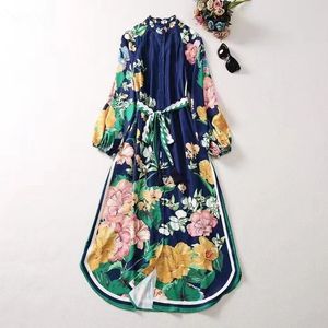 European and American women's dress 2023 summer new style Long sleeve lantern sleeve flower print single breasted Belt dress XXL