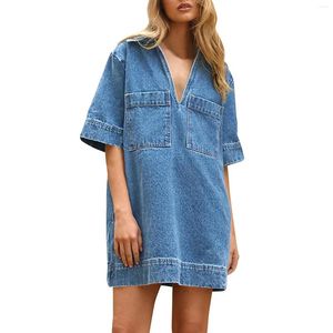 Lässige Kleider Damen Denim Kleid Sommer Tiefer V-Ausschnitt Halbarm Kragen Lose Jean mit Taschen Elegant für Frauen 2024