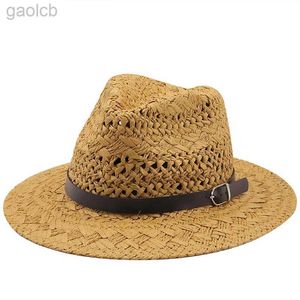 Wide Brim Hats Bucket Hats Simple and high-quality mens straw hat wide brown beach folding hat large bone mens plus size summer womens Fedora hat 24323