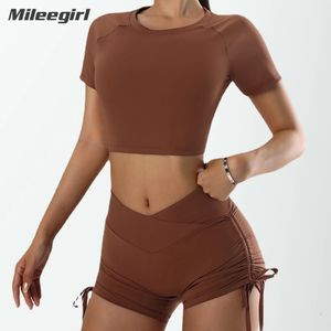 Mileegirl sexy enge Yoga -Anzug Frauen schnell trocknen Sporternte Top High Taille Shorts Set Fiess Running Workout 240321