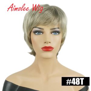 Wigs Женские парики Ombre Короткие пушистые слоистые натуральные смесь 70% человеческие волосы синтетические волосы парики с париками для вечеринок с челкой