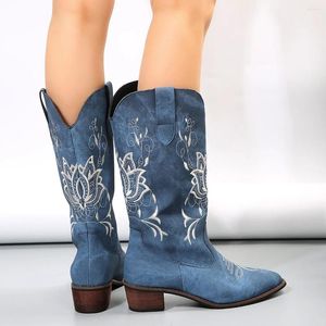 Boots Women 2024 شتاء الخريف الرجعية أحذية كبيرة الحجم كعب سميكة منصة الدنيم الغربية بوتاس دي موجر