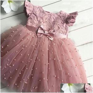 Flickklänningar baby flicka klänning spets blomma 1: a födelsedag pärlor född dopklänning spädbarn fest prinsessa rosa vestidos droppleverans ot7qx