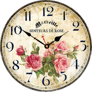 14 인치 조용한 비 틱 쿼츠 운동 나무 원형 배터리 작동 실내 장식 빈티지 프랑스 꽃 벽 시계