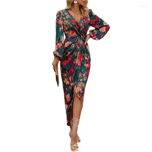 Vestidos casuais francês vintage crossover v pescoço pulôver mulheres moda flor impressão lanterna manga longa vestido feminino irregular hem vestido