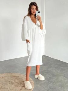 Kadınların Pijama Kış Gecesi Kıyısı Nightdress Sleeve Elbise Orta Kaldır Katı Pamuk V Yezi Kadın Elbiseler Gece Fener Kadın Nightgown Renk