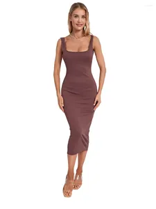 Casual Dresses Women's Knit Midi Dress Sleeveless Square Neck Solid Color Ribbed Tank Bodycon Party