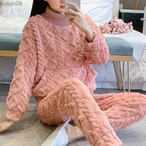 Abbigliamento per la casa femmina inverno set di abbigliamento da sonno caldo comodo a maniche lunghe a maniche lunghe jacquard lana addensata disegno a 2 pezzi setl2403