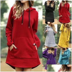 Mulheres Hoodies Moletons Mulheres Vestido Sólido Casual Manga Longa Plus Size Moletom Com Capuz Moda Irregar Hem Feminino Vestido com Capuz Dhtd8