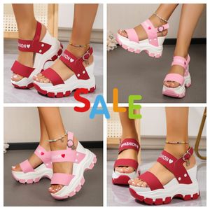 a row of hearts fashion slope heel thick sole round toe open toe letter one line buckle strap women's oversized sandals GAI PINK women heart design height increase