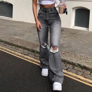 Kvinnors jeans kvinnor avslappnad hög midja rippad hål rak flare mamma tvättade denim byxor 90 -tal baggy streetwear byxor blekt