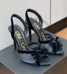 Caminhada de verão Luxo Cetim Veludo Bow Sandálias Sapatos Mulheres Salto Alto Dedo Apontado Vermelho Preto Slingback Bomba Festa Casamento Salto Vestido Sapato EU35-43.Box