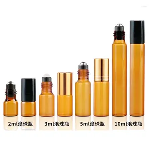 収納ボトル100pcs /lot 2ml 3ml 5ml 10mlアンバー薄いボトルの薄いボトルサンプルテストエッセンシャルオイルバイアルとローラーメタル /ガラスボール