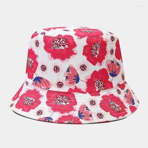 Berets 2024 Spring Cotton Cartoon Flower Print Bucket Hat Fisherman Outdoor Travel Sun Cap For Girl And Women