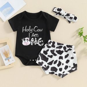 Clothing Sets Baby Girls Short Sleeve Letters Print Romper Cow Pattern Shorts With Hairband Set Summer Outfit Born Clothes