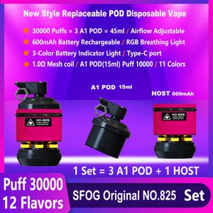 SFOG New Puff 30000 Заменить одноразовый POD Vosable Vape No825 30000 Puff Vapes E Cigarette Kit 10000 Puff 10k Pod Vaper 45ml E-Liquid Coil Cig Cig Vapor Pen Vs 20K Puff 20000