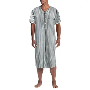 Ethnic Clothing Loose Men Islamic Arabic Kaftan Striped Short Sleeve Casual Pockets Muslim Robes Cotton Saudi Arabia Dubai Thobe
