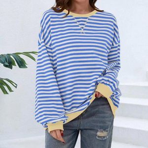 Blusas femininas manga longa listrado impressão camisa feminina chique oversized cor bloco tripulação pescoço casual para um