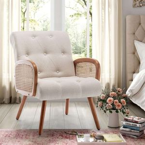 POINTANT Accent Modern Rattan Arms Reading Side Mid Century Living Room Boho Chair with Wooden Frame for Home Bedroom Beige