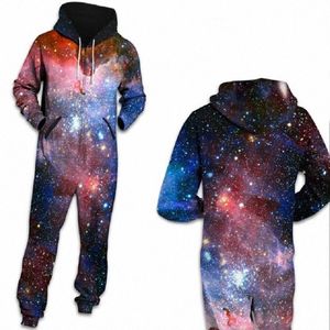 Damen-Loungewear-Pyjama mit Weltraum-Galaxie-Stern-Motiv, Unisex, lockerer Kapuzen-Reißverschluss, offener Schlafanzug, Onesies für Erwachsene, dicke Overalls, X0I2497205