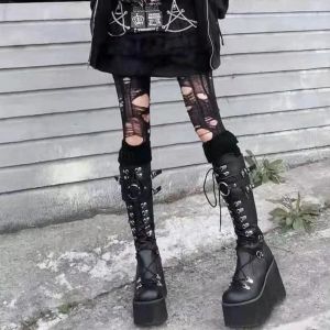 Boots Gothic Chunky Platform Knee High Boots 2003 Brand New Punk Street Platform Wedges Chain Women Motorcycle Boots Good Quality