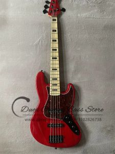 Chitarra 5 corde Rosso Basso elettrico Jazz Solid Body Legno di frassino Tastiera in acero Batteria attiva Guscio di tartaruga rosso Protezione Custom Factory