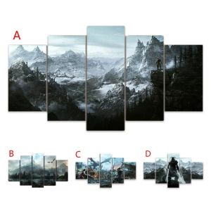 Calligraphy 5 Piece Video Game Dragon Posters and HD Prints Landscape Pictures Canvas Painting for Living Room Wall Art Home Decor