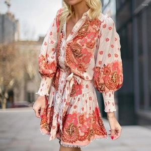 Casual Dresses Women Fall Spring Dress V Neck Long Sleeve Floral Print Single-breasted Lace-up Tight Waist A-line Lace Dating Mini