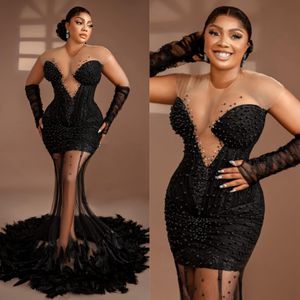 2024 Plus size ASO Ebi Ebi Sukienki dla czarnych kobiet pierzaste promdress wieczorowe suknie iluzja Mermaid Pearls Stroje urodzinowe na specjalne okazje AM574