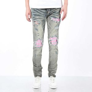 Toponamiri high street jeans trendy blue distressed patched pink leather jeans for men