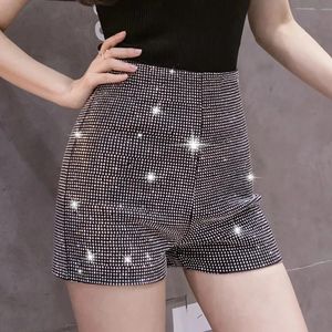 Preto cintura alta shorts elásticos mulheres streetwear verão cheio de diamantes brilhante moda casual magro feminino saco hip calças 240323