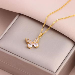 Pendant Necklaces Trendy Sweet Sexy Zircon Crystal Butterfly For Women Female Stainless Steel Neck Chain Jewelry Wholesale