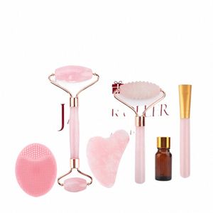 6in1 Face Skin Care Tools Jade Roller Rose Quartz Natural Ste Gua Sha Facial Massager Kit For Face Lift Cleaning Anti-Wrinkle J23C#