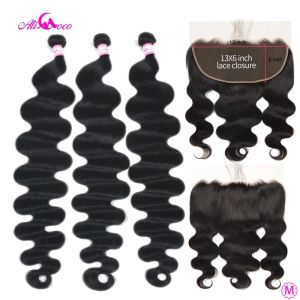 Zamknij Ali Coco Brazylijskie Wave Body Wave 3 wiązki z czołowym zamknięciem 13x6 Remy Remy Human Hair Bundle z zamknięciem 30 cali 32 34 36 38 40