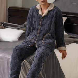 Pigiama da uomo in pile di corallo addensato invernale da uomo Set cardigan jacquard scozzese a maniche lunghe caldo abbigliamento da notte in flanella per il tempo libero