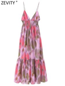 Zevity Women Fashion v Neck Color Match Tie Dyed Print Sling Sling Midi Dress Midi Chic Summer Backless Elastic Slim Vestidos DS4616 240318