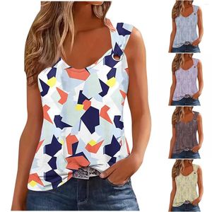 Kvinnotankar trycker rund hals Löst ärmlöst Vest Fashion Casual Top Bluses Garderob