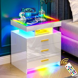 Estação de carregamento sem fio WOOVIVS RGB, LED 3 gavetas, adequada para móveis de quarto, lateral com luzes de 24 cores, mesa de cabeceira moderna com sensor automático (branco)