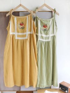 Sıradan elbiseler 112cm büst / yaz kadın mori kei kız gevşek artı boyut çiçek işlemeli dantel patchwork rahat keten kolsuz elbise