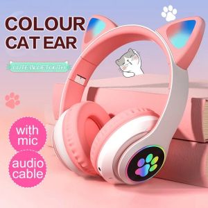 Headphone/Headset Cute Cat Ear Wireless Headphones Bluetooth Headphones Gaming Headset Stereo Music Earbud Pink Earphone for Kids Girls With Mic