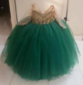 Abiti da ragazza Abito da ballo Personalizzato Manica lunga da bambino Tulle verde Champagne Top in pizzo Abiti da cerimonia nuziale per bambini Abiti da ragazza