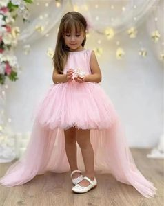 Sukienki dla dziewczynek różowe wysokie sukienki kwiatowe o dekolt Pearls Decoration Big Bow Princess Birthday Party Suknia Pierwsza Komuniacja