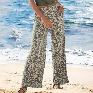 Calça feminina Mulheres Logo Fit Troushers Cantura elástica elegante perna larga com bolsos Casual Spring Summer para férias