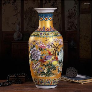 Vasos Esmalte Peônia Impressão Cerâmica Vaso Estilo Chinês Retro Jingdezhen Porcelana Ornamentos Home Mobiliários Decorar